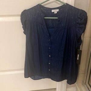 Shirred sleeve dark blue blouse New
